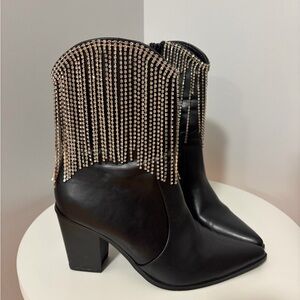 Miss Lola Black Western Heeled Boots with Rhinestone Fringe
